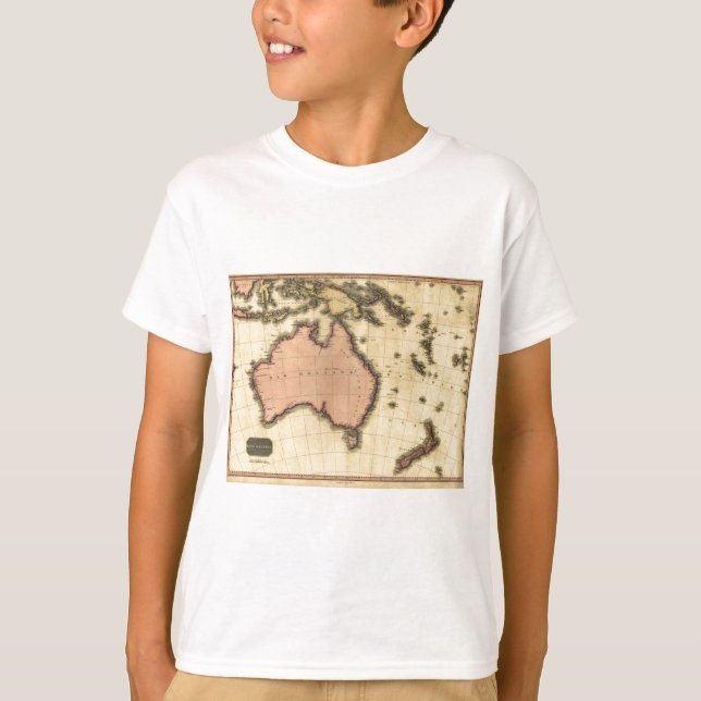 Camiseta Mapa da Australásia de 1818 - Austrália, Nova Zelâ (Frente)