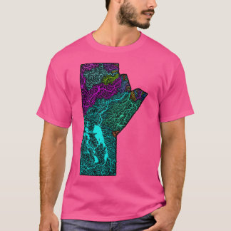 Camiseta Mapa da bacia do rio Manitoba em cores arco-íris c