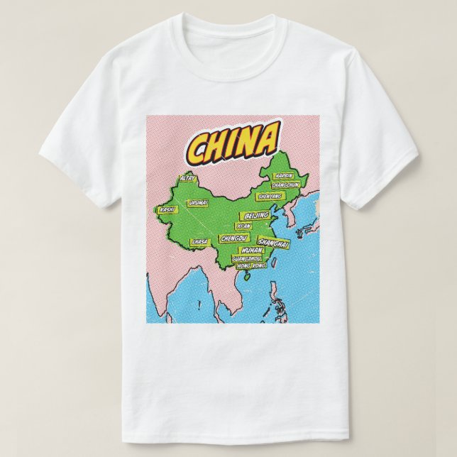 Camiseta Mapa da China ilustrado em Pop Art (Frente do Design)