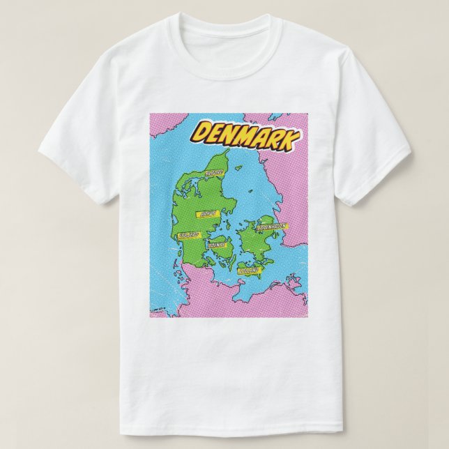 Camiseta Mapa da Dinamarca ilustrado em Pop Art (Frente do Design)