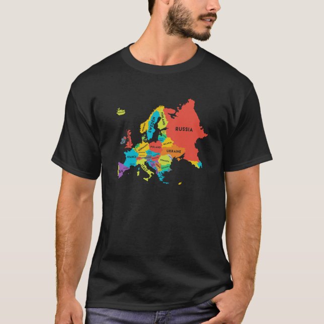 Camiseta Mapa da Europa com a Geografia de Nomes de Países (Frente)