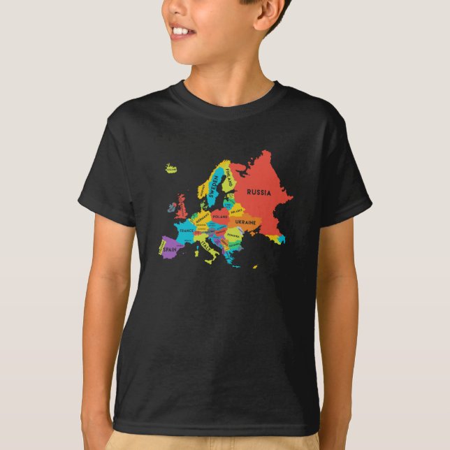 Camiseta Mapa da Europa com a Geografia de Nomes de Países (Frente)