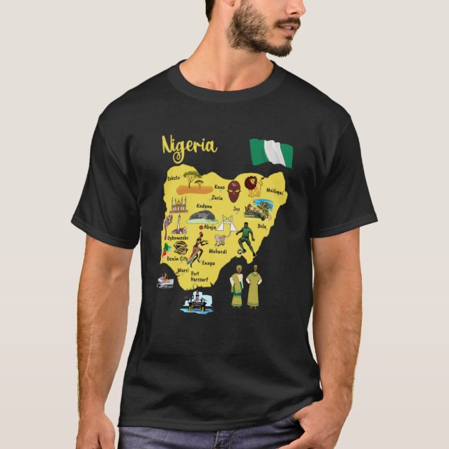 Camiseta Mapa da Nigéria Símbolos dos Marcas Territoriais d (Frente)