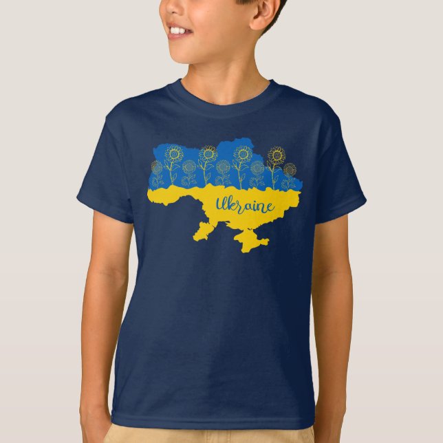 Camiseta Mapa da Ucrânia com girassol e bandeira ucraniana (Frente)