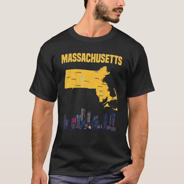 Camiseta Mapa Das Principais Cidades Do Estado De Massachus (Frente)