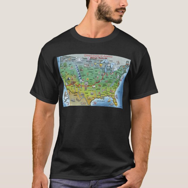 Camiseta Mapa de Cartoons da Rota 66 Histórica (Frente)