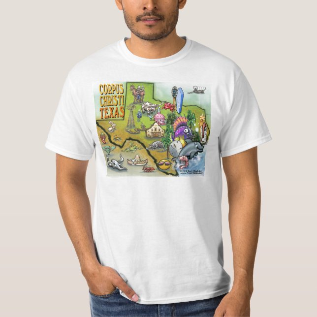 Camiseta Mapa de Cartoons do Corpus Christi Tx (Frente)