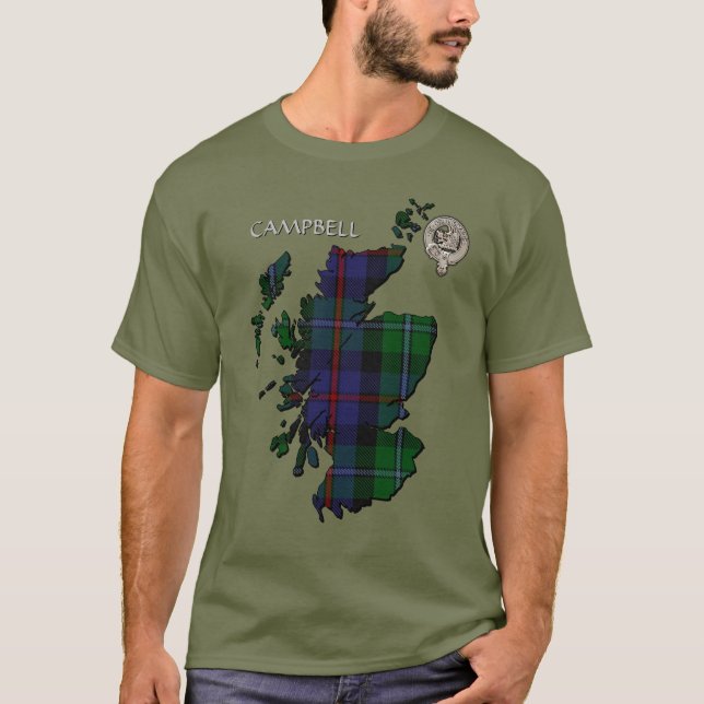Camiseta Mapa de Clan Campbell Crest & Cawdor Tartan (Frente)