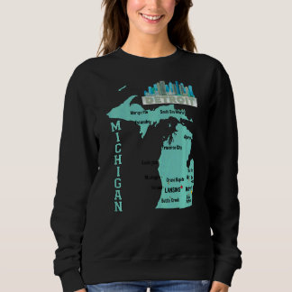 Camiseta Mapa De Michigan Com Grandes Cidades Com Linha Do