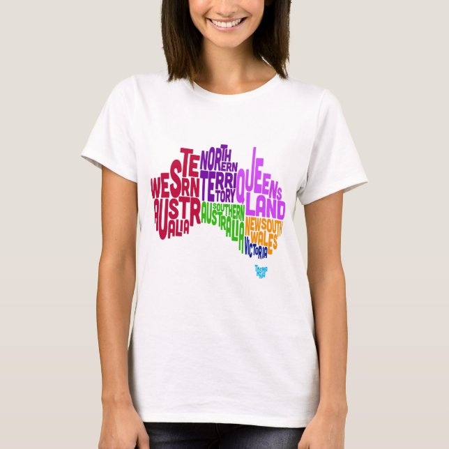Camiseta Mapa de Texto Tipográfico da Austrália (Frente)