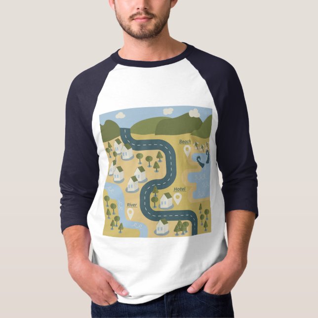 Camiseta mapa de viagem de férias do cenário de cartoon na  (Frente)