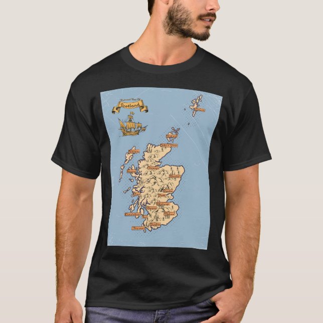 Camiseta Mapa de viagem ilustrado da Escócia (Frente)