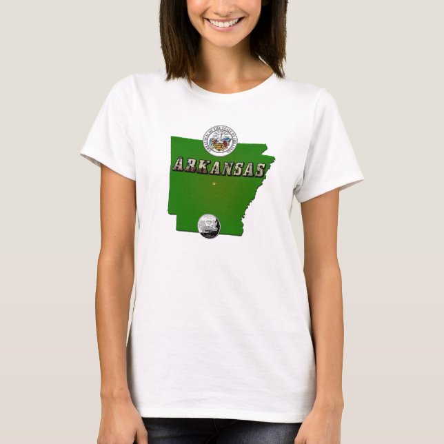 Camiseta Mapa do Arkansas, Selo e Serviço Estatal Faux Quar (Frente)