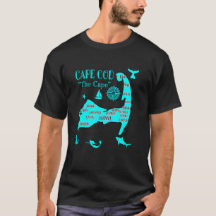 Camiseta Mapa do Cabo Cod Azul Aqua Símbolos Náuticos Peixe