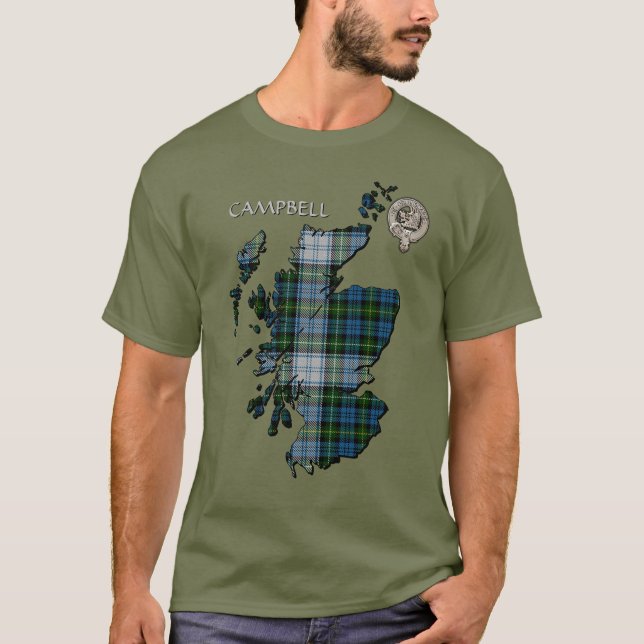 Camiseta Mapa do Clan Campbell Crest & Dress Tartan (Frente)
