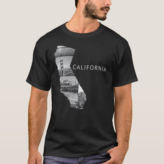 Camiseta Mapa do Estado da Califórnia em Preto e Branco, EU (Frente)