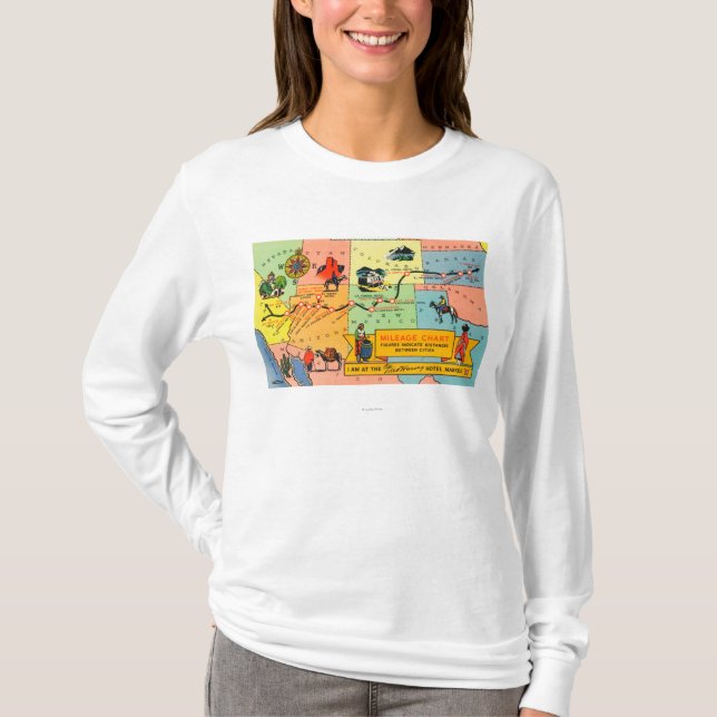 Camiseta Mapa do hotel LocationsCA de Fred Harvey a KS (Frente)