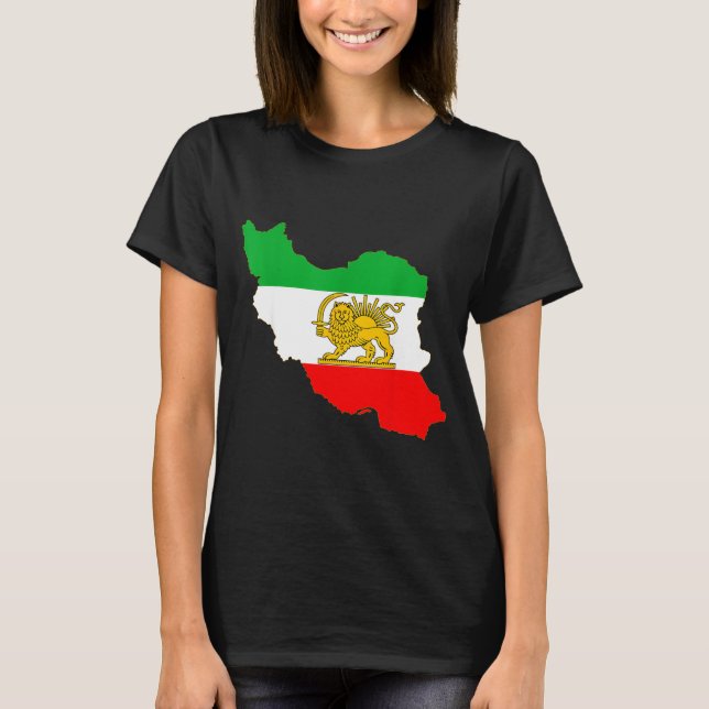 Camiseta Mapa do Irã com emblema de leão e sol, bandeira pe (Frente)
