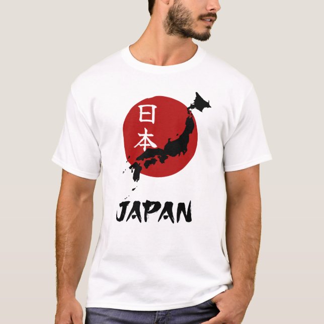 Camiseta Mapa do Japão com decoração de sol vermelha (Frente)