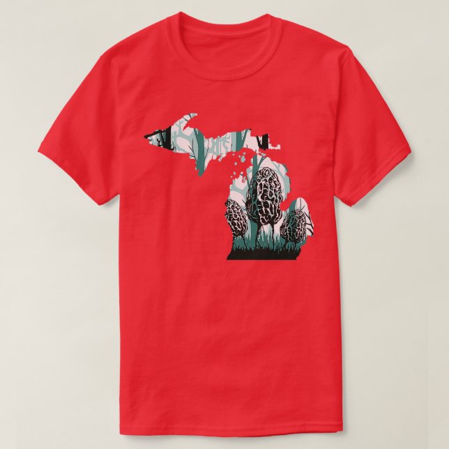 Camiseta Mapa do Michigan - Caça ao Mushroom Morel (Frente do Design)