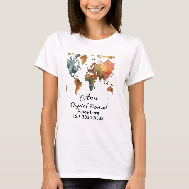 Camiseta Mapa do mundo adicione seu nome texto localidade t (Frente)