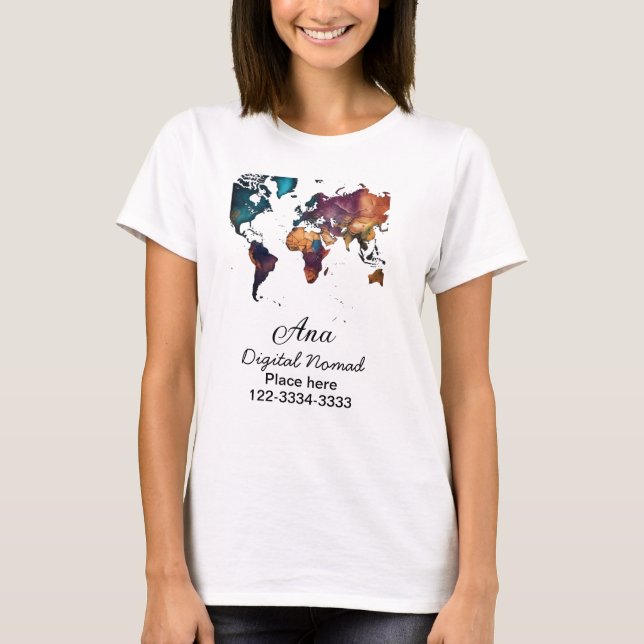 Camiseta Mapa do mundo adicione seu nome texto localidade t (Frente)