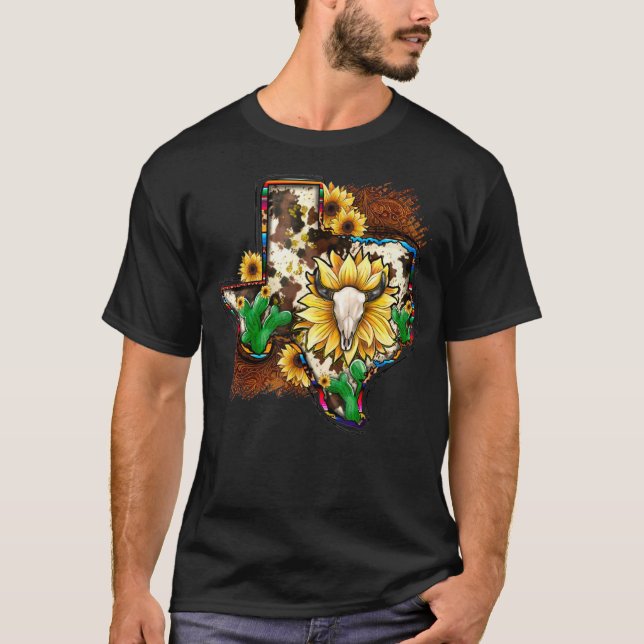 Camiseta Mapa do Texas de Girassol de Caveira de Touro de C (Frente)