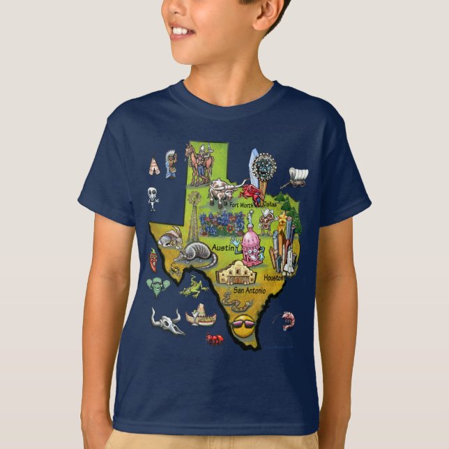 Camiseta Mapa dos desenhos animados de Texas (Frente)
