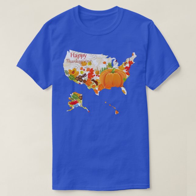 Camiseta Mapa dos EUA com folhas de outono, abóbora, agrade (Frente do Design)