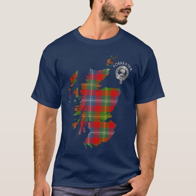 Camiseta Mapa e Brasão do Tartan do Clã Forrester (Frente)
