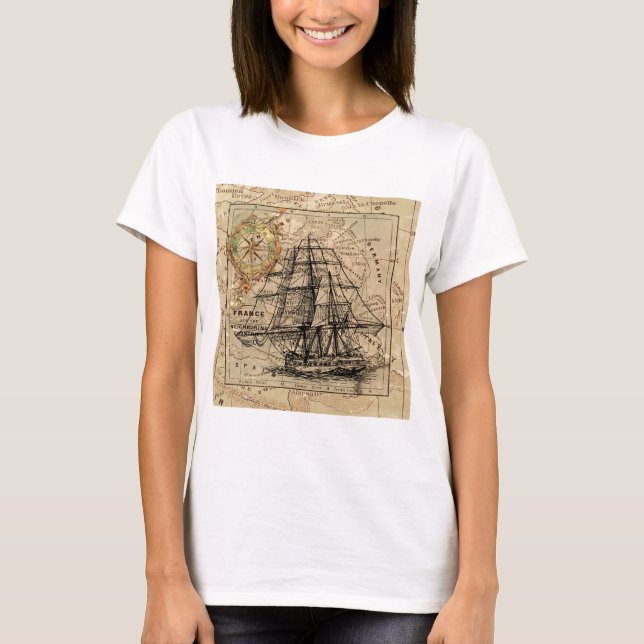 Camiseta Mapa e navio antigo do General France (Frente)