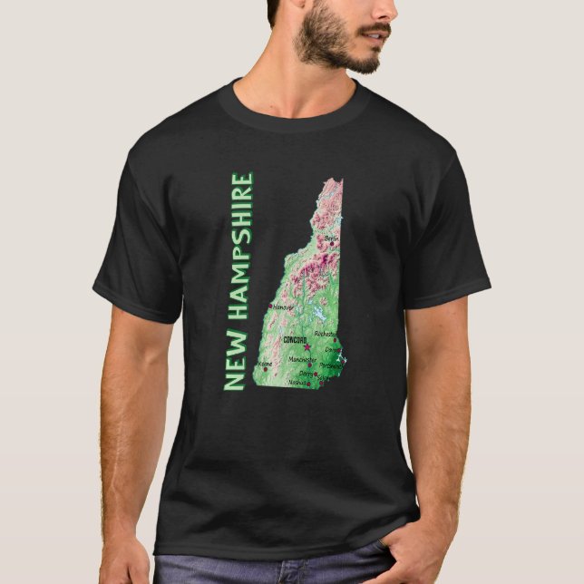 Camiseta Mapa Elevado Das Grandes Cidades Do Estado De New  (Frente)