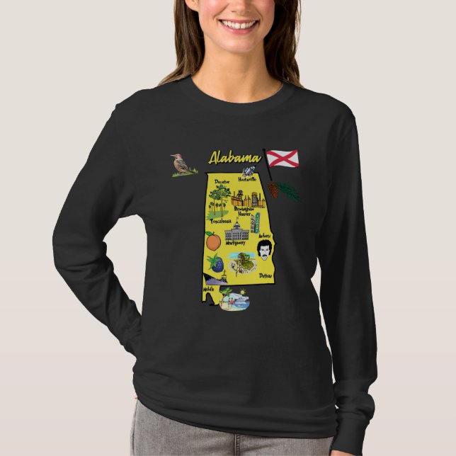Camiseta Mapa Estatal Do Alabama Com Grandes Cidades E Turi (Frente)