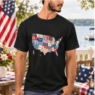 Camiseta Mapa EUA América Retrô 4 de Julho