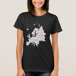 Camiseta Mapa Europeu na Nuvem de Palavras da Tipografia, n
