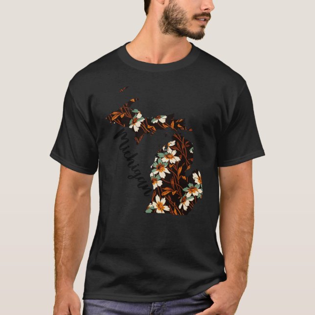 Camiseta Mapa Floral dos Estados Unidos Mapa de Michigan de (Frente)
