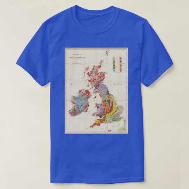 Camiseta Mapa Geológico Vintage das Ilhas Britânicas 1913 (Frente do Design)