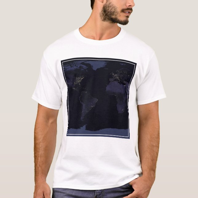 Camiseta Mapa Global das Luzes da Cidade da Terra à Noite. (Frente)