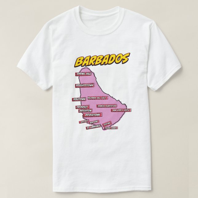 Camiseta Mapa ilustrado de Barbados em Pop Art (Frente do Design)