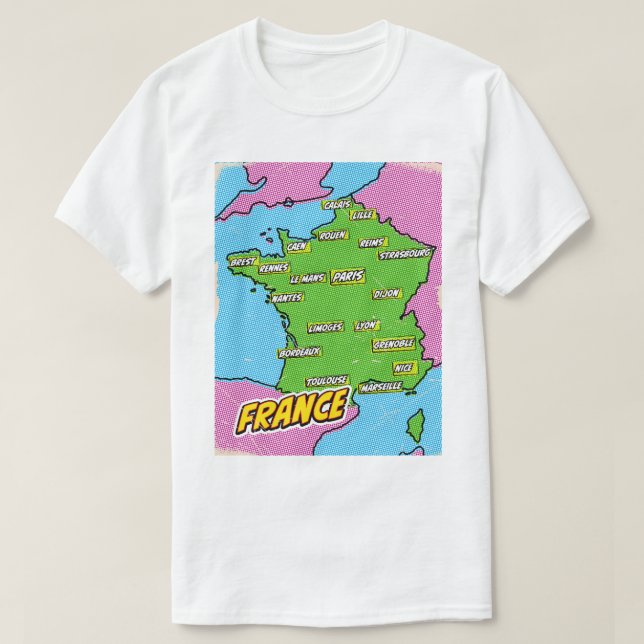 Camiseta Mapa ilustrado de França em Pop Art (Frente do Design)