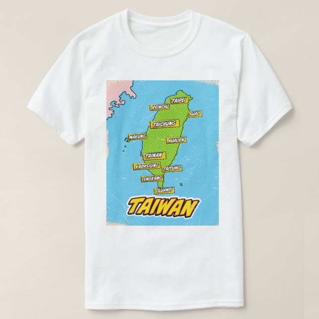Camiseta Mapa ilustrado de Taiwan em Pop Art (Frente do Design)