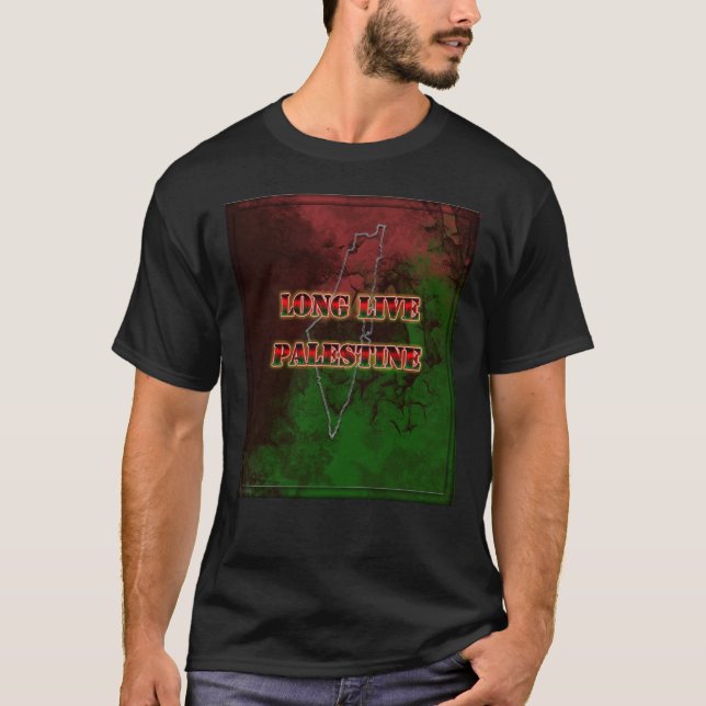 Camiseta Mapa Longo Vivo da Palestina com cores de bandeira (Frente)