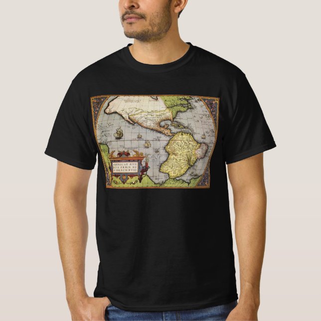 Camiseta Mapa Mundial Antiquado das Américas por Abraham Or (Frente)