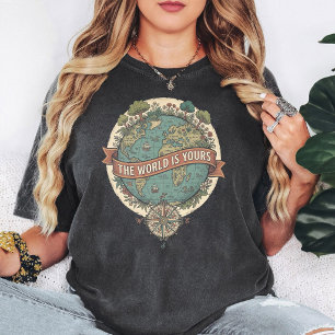 Camiseta Mapa Mundial Vintage "O Mundo É Seu" Bússola