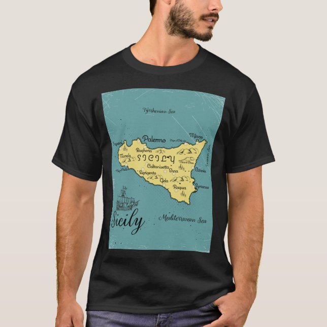Camiseta Mapa Náutico Antigo da Sicília (Frente)