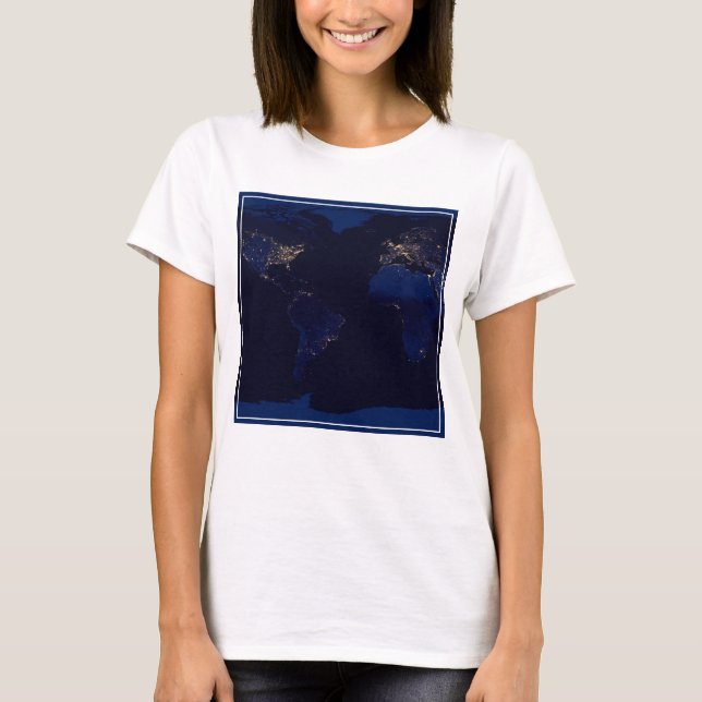 Camiseta Mapa Plana Da Terra Mostrando As Luzes Da Cidade D (Frente)