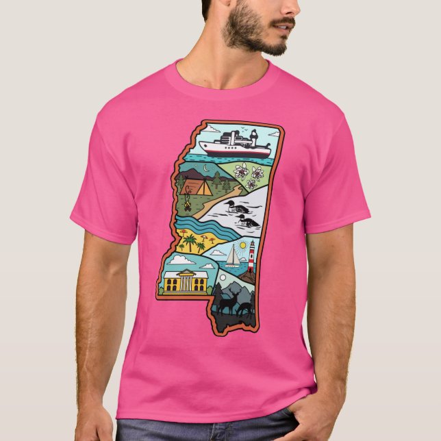 Camiseta Mapa Retro do Mississippi Biloxi Laurel Jackson MS (Frente)