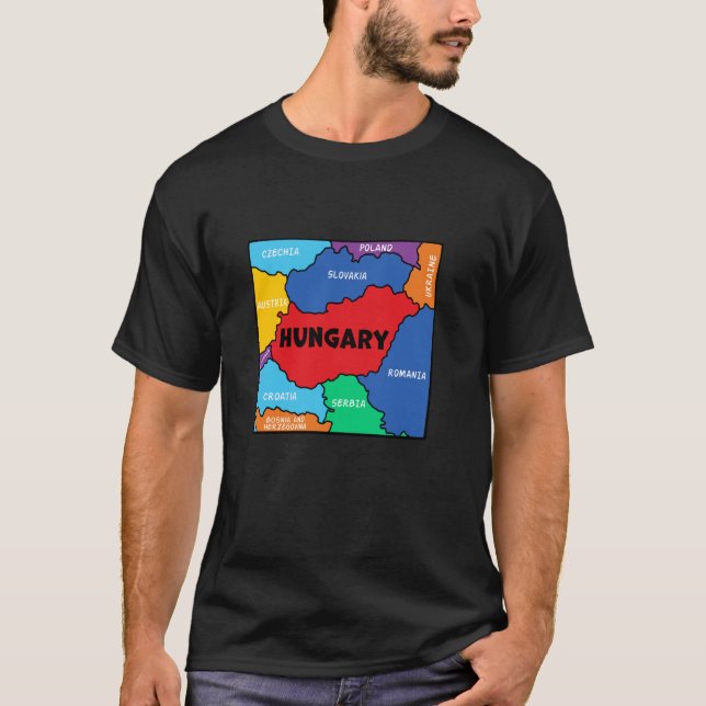 Camiseta mapa simplificado de cores da Hungria com vizinhos (Frente)