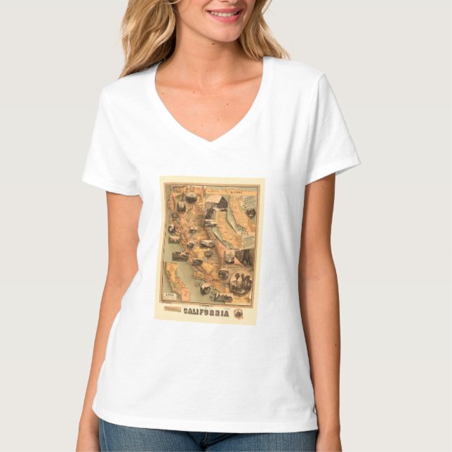 Camiseta Mapa Único Restaurado Vintage da Califórnia, 1885 (Frente)