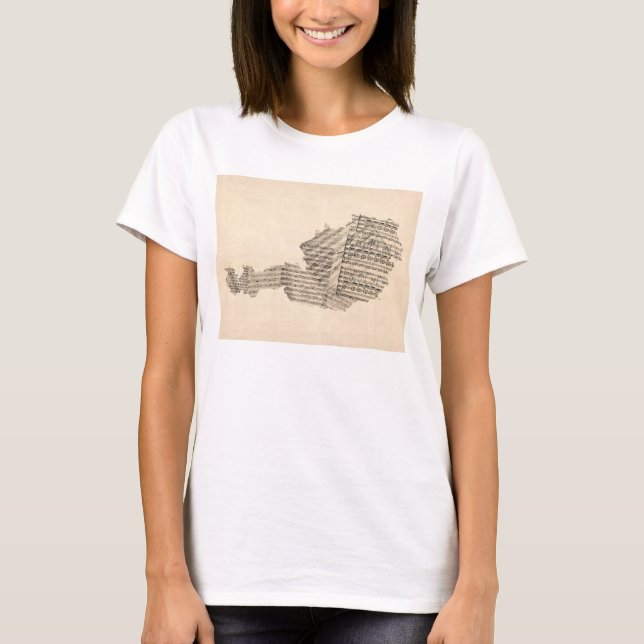 Camiseta Mapa velho da partitura do mapa de Áustria (Frente)